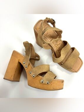 Sam Edelman Rosalind Platform Sandals Women’s Sz 10 Wooden Block Heel Tan Suede